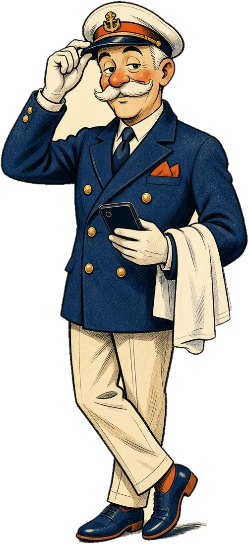 Cap'n, a friendly captain in a navy jacket